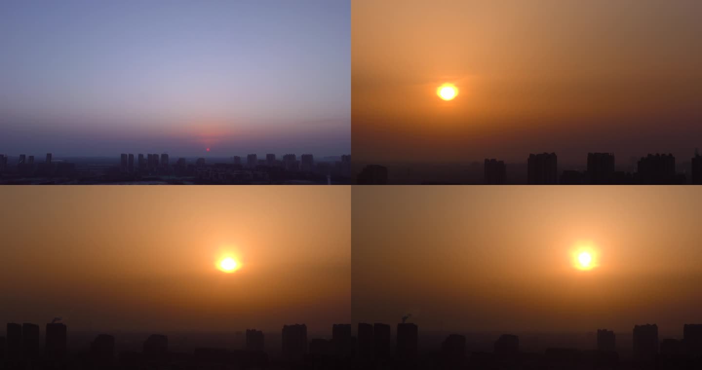 城市日出雾霾污染雾蒙蒙能见度低大气污染