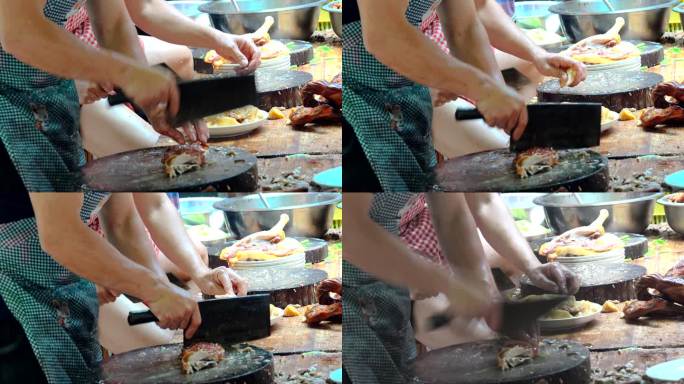 菜板上切烤鸭肉