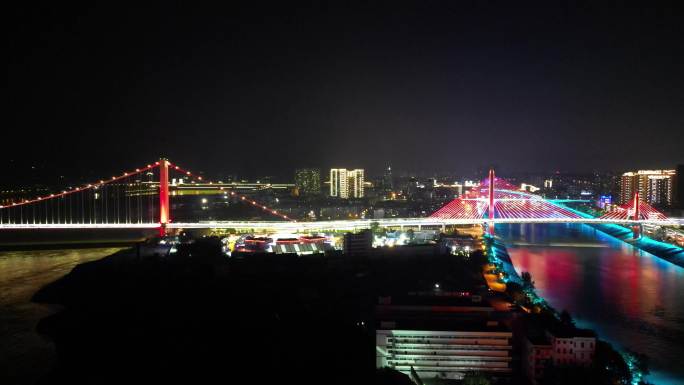 城市航拍湖北宜昌跨长江大桥夜景