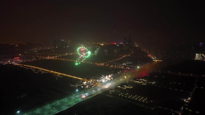 西安杜邑公园烟花秀航拍除夕新年鞭炮城市