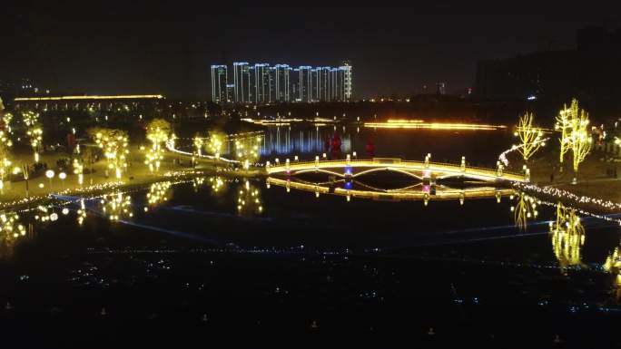 四川省德阳市柳梢堰湿地公园新年夜景航拍