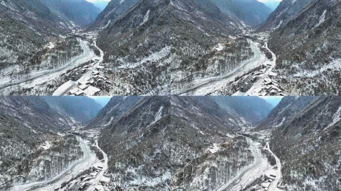 航拍四川阿坝四姑娘山双桥沟雪后的村庄