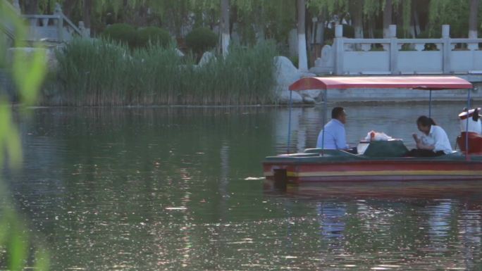 公园夏天湖水划船游船周末休闲电动船绿化