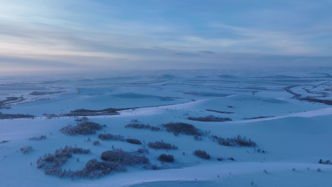 航拍呼伦贝尔雪域雪原暮色