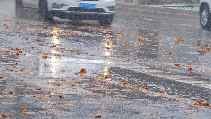 雨雪交加马路车流