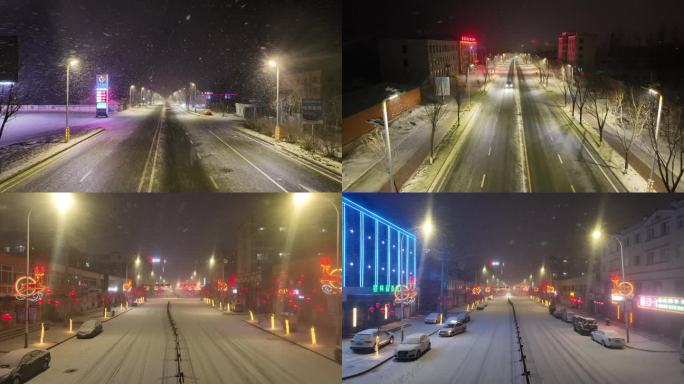 航拍大年三十夜晚大雪