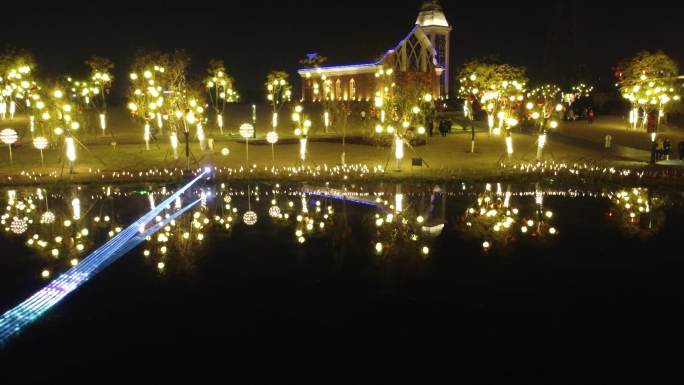 四川省德阳市柳梢堰湿地公园新年夜景航拍