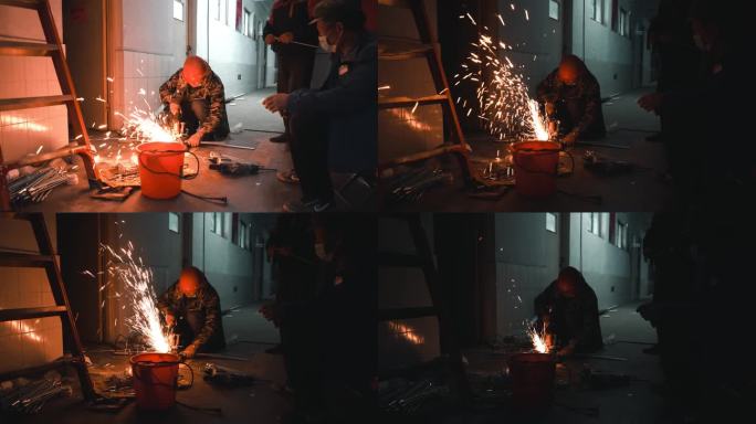 工人使用切割机产生火花