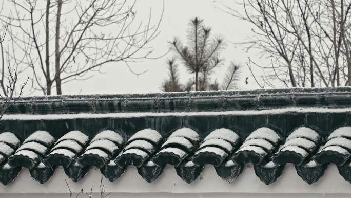初雪飘落-飞落的雪花-瓦片上的积雪