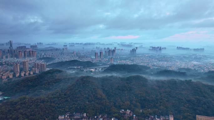 航拍中山 中山市全景平流雾