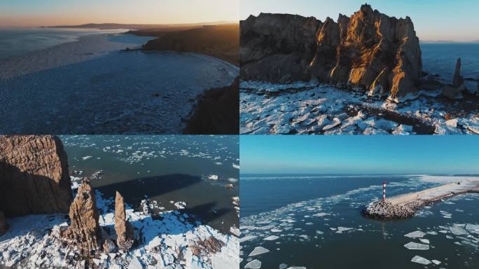 大连排石冬季海冰高清航拍风景4K