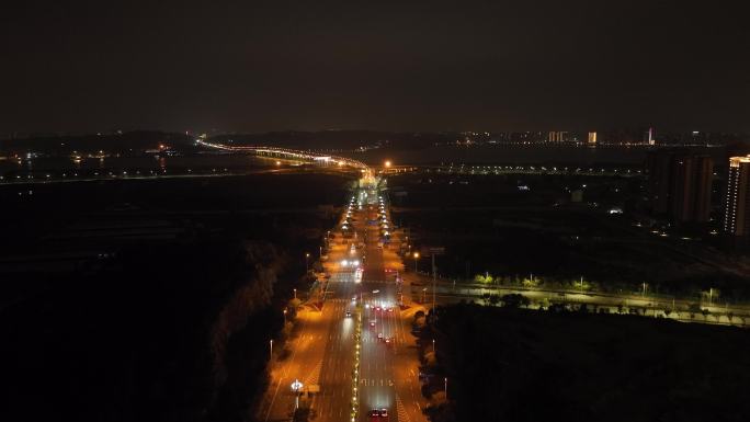 城市道路夜景航拍公路交通车流夜晚马路车辆