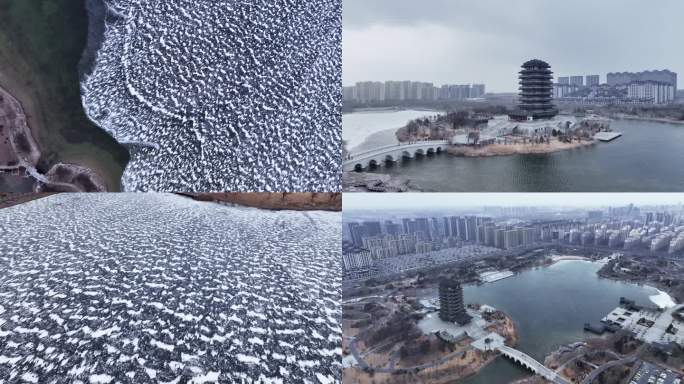 【4K】山东淄博齐盛湖海岱楼雪景航拍