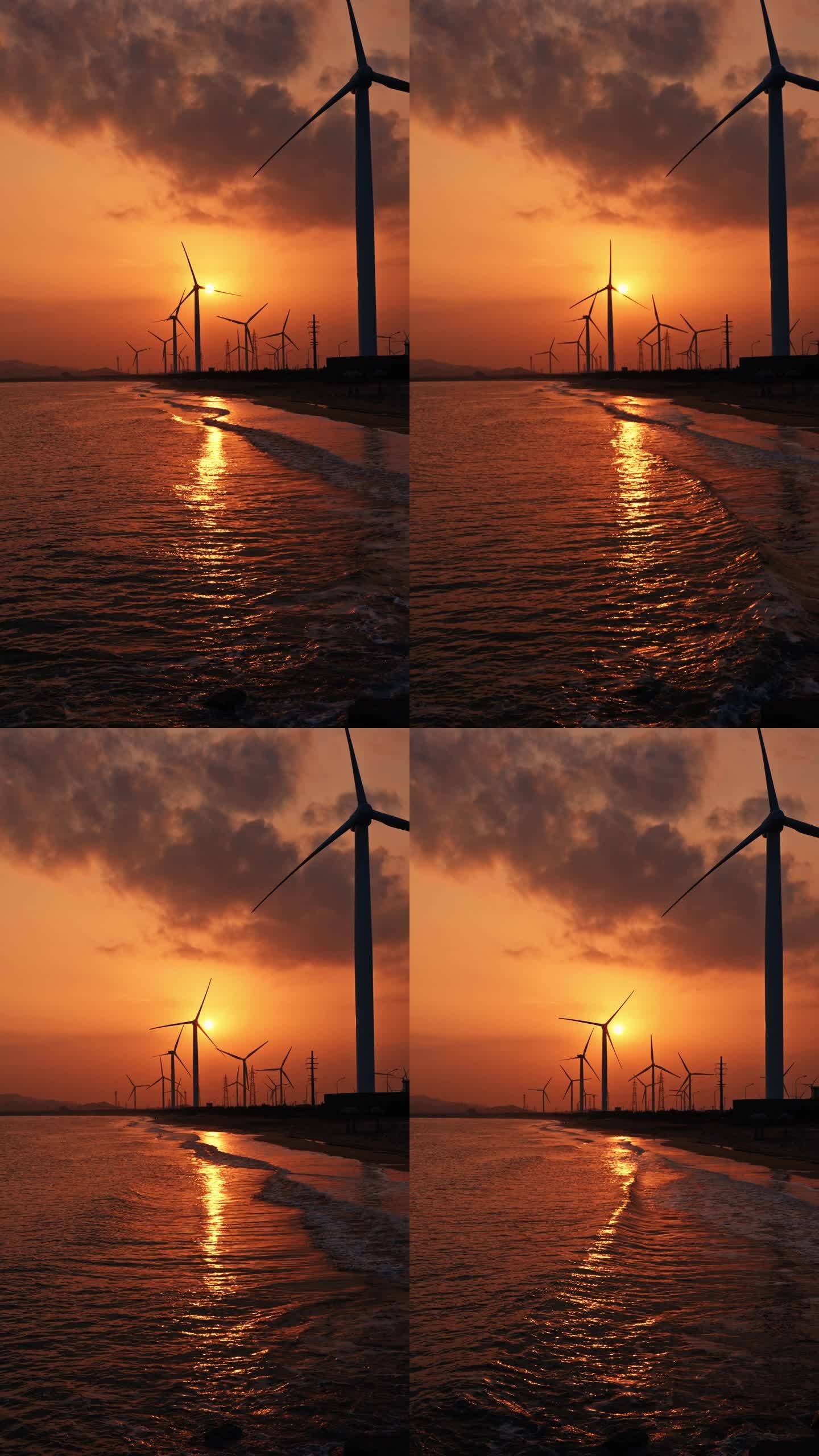 东楮岛海岸海边绿色清洁风力发电机车竖屏