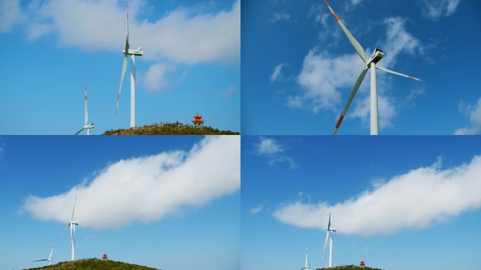 4K实拍山上的风力发电机旋转发电