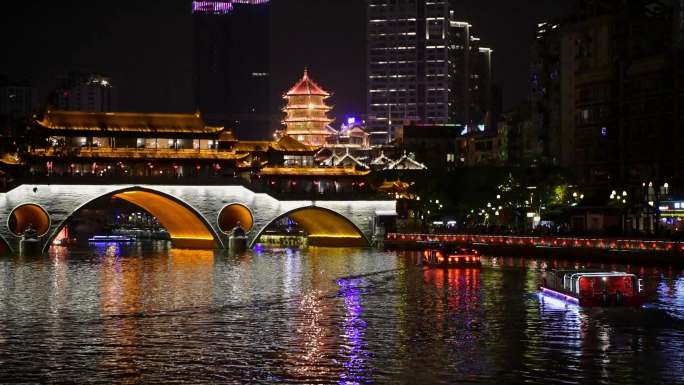 新春夜游锦江游船成都合江亭安顺廊桥夜景