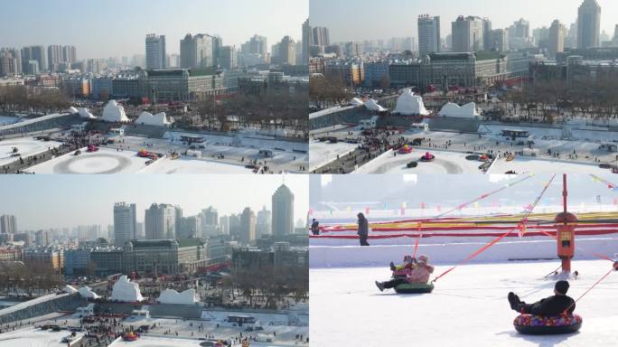 哈尔滨江边冰雪雪爬犁防洪纪念塔松花江