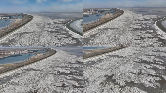 航拍冬日的东营黄河口湿地