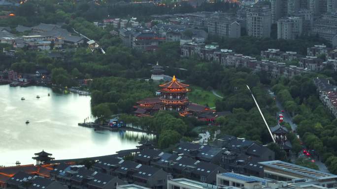 西安大唐芙蓉园夜景灯光航拍宣传片建筑湖面