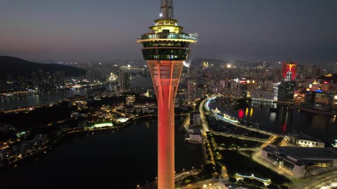 原创 澳门旅游塔地标建筑航拍城市夜景风光