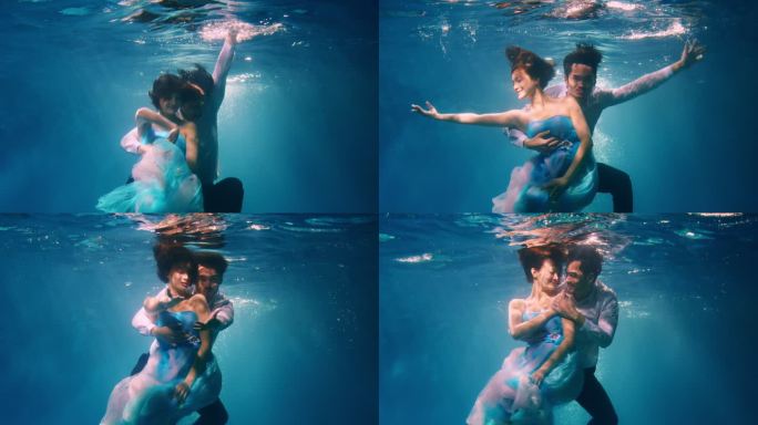 情侣在水下拍摄婚纱照