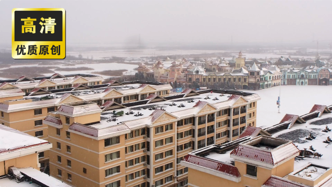 航拍雪后城市街道建筑 城市雪景河面结冰