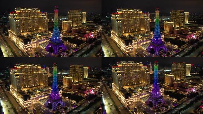 原创澳门巴黎人度假村酒店建筑夜景航拍风光