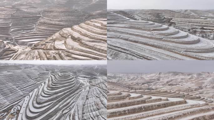 西北黄土高坡梯田航拍雪景4K素材