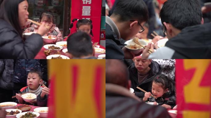 农村酒席上吃饭很香的孩子们