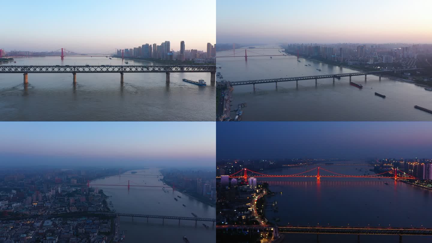 航拍武汉长江大桥日转夜