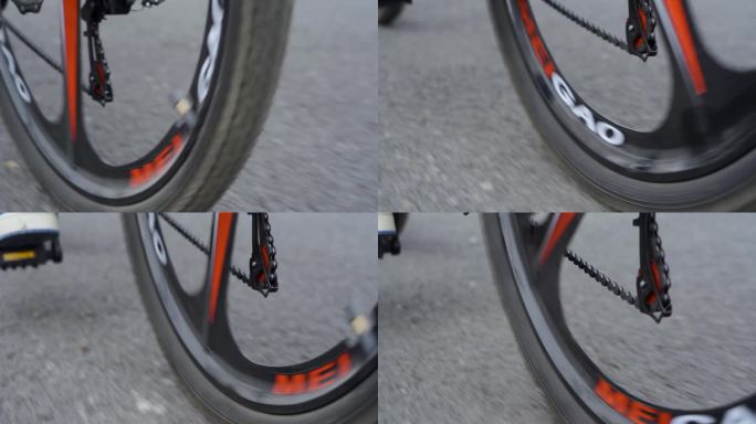 骑自行车轮胎滚动特写自行车广告快速前进