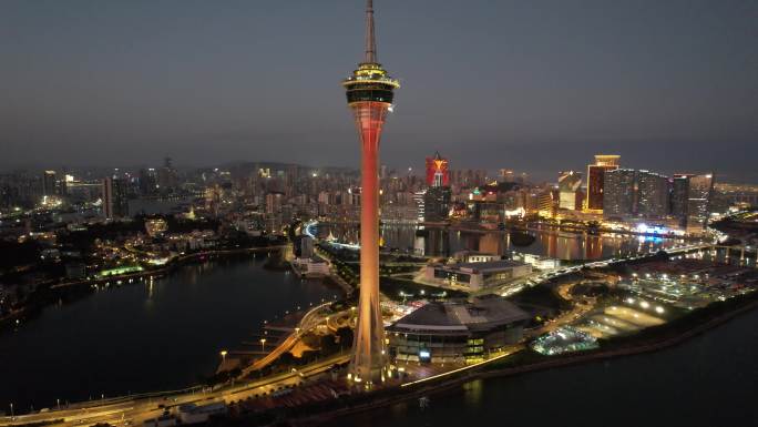 原创 澳门旅游塔地标建筑航拍城市夜景风光