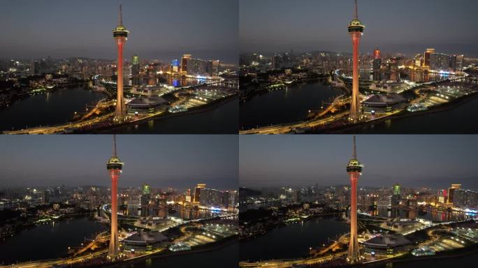 原创 澳门旅游塔地标建筑航拍城市夜景风光