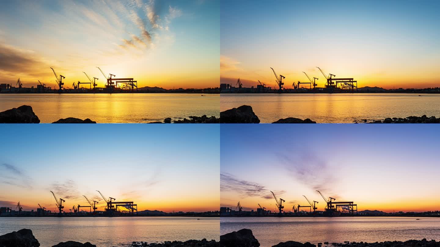 夕阳下的大连造船厂的延时摄影