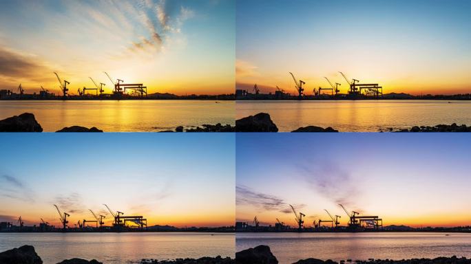 夕阳下的大连造船厂的延时摄影