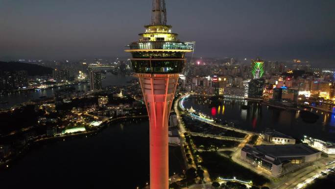 原创 澳门旅游塔地标建筑航拍城市夜景风光