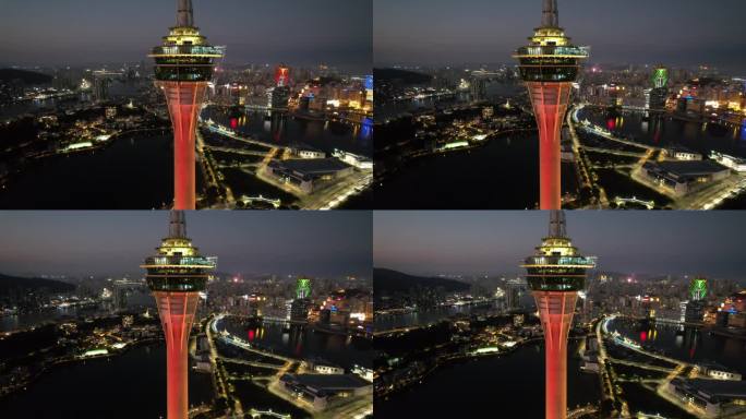 原创 澳门旅游塔地标建筑航拍城市夜景风光