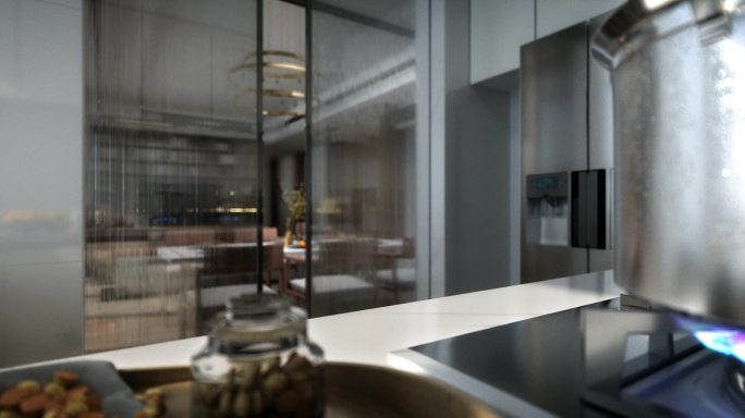 三维现代厨房看与客厅