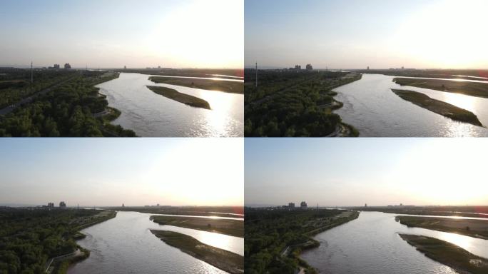 夕阳黄河水道航拍
