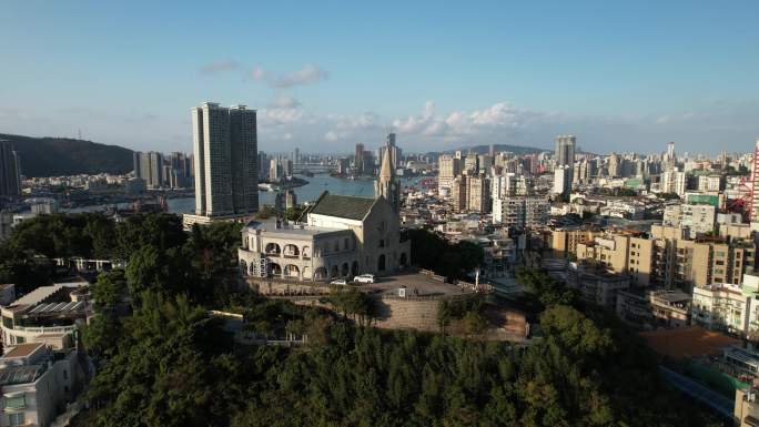 澳门西望洋山主教山小堂城市建筑风光航拍