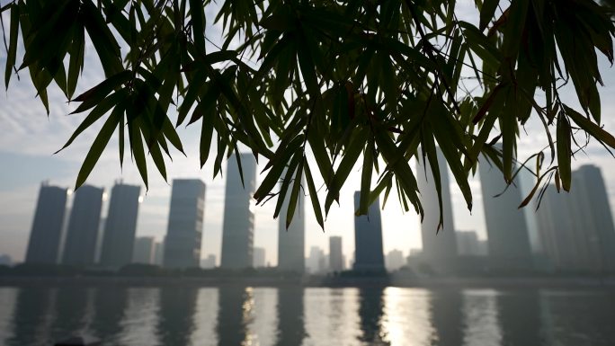 清晨湘江沿岸湖面空镜