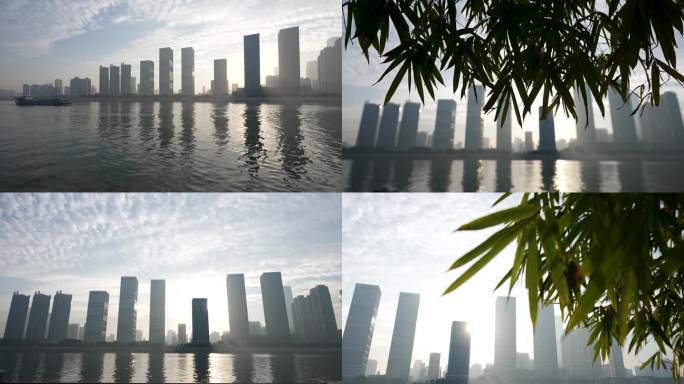 清晨湘江沿岸湖面空镜