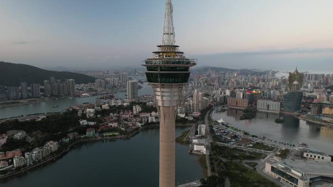 原创 澳门旅游塔地标建筑航拍城市风光