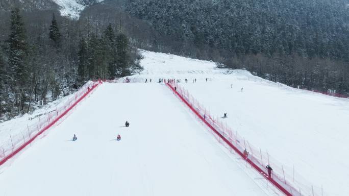 航拍四川毕棚沟滑雪场游客开心滑雪游玩