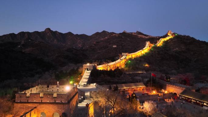 航拍北京延庆八达岭长城夜景