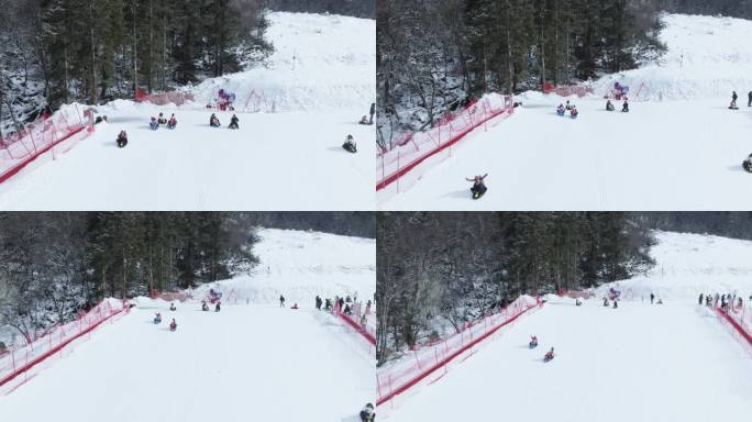 航拍四川毕棚沟滑雪场游客开心滑雪游玩