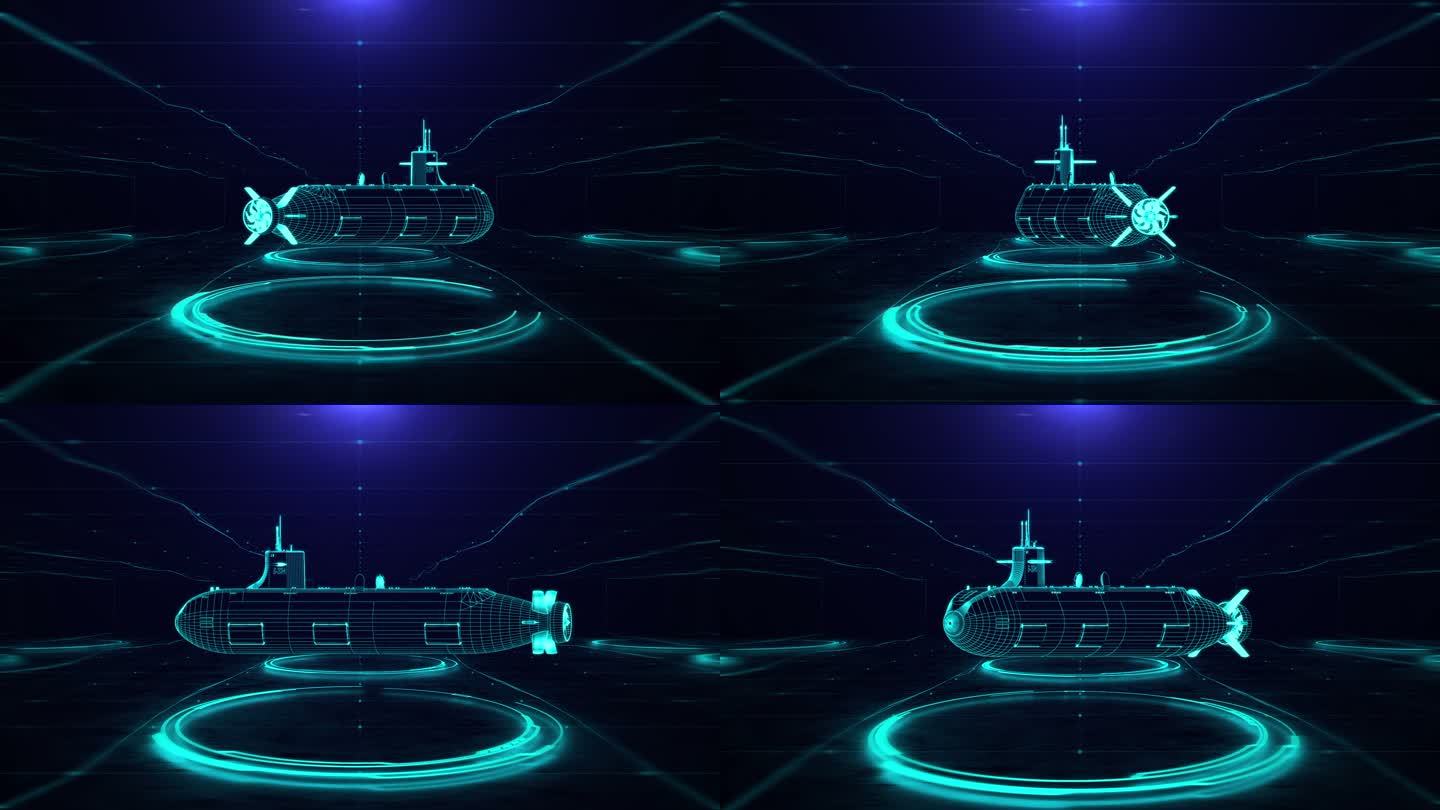 蓝色全息线框科技核潜艇