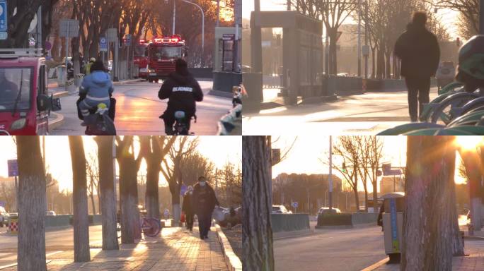 冬天街景城市人文街道车流戴口罩骑电动车