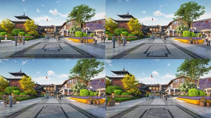 新中式商业广场入口景观动画