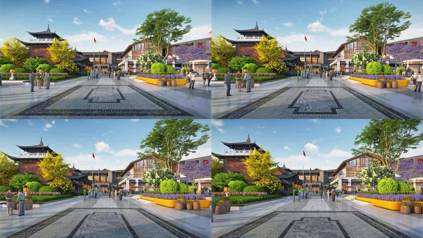新中式商业广场入口景观动画